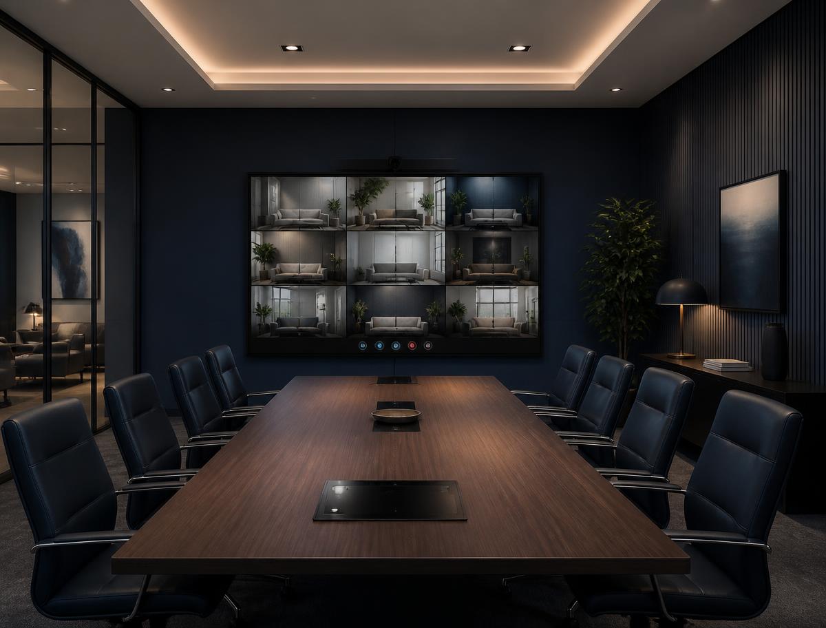 An executive boardroom with an interactive display running a video call