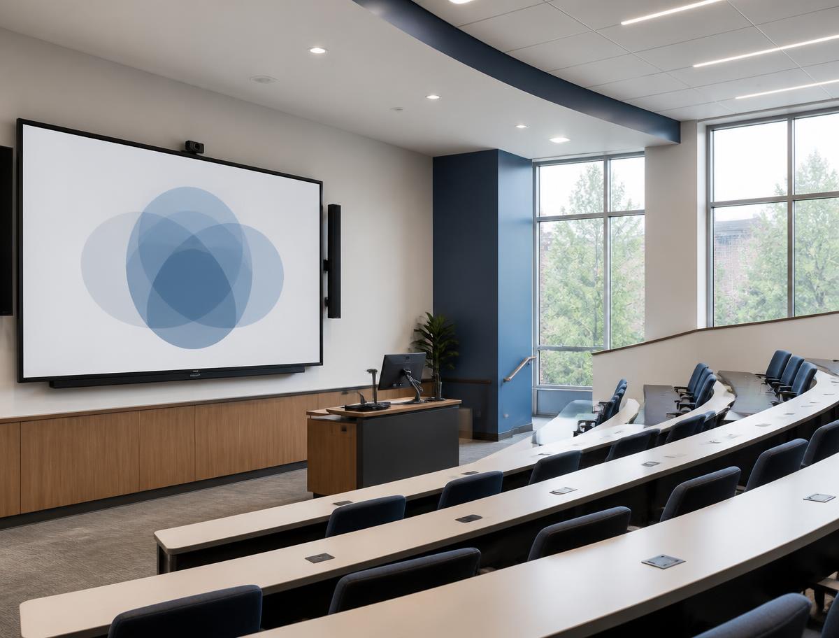 A university lecture theatre with an interactive display at the front