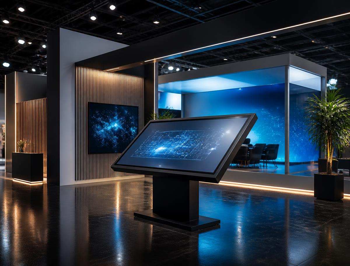 A trade-show stand with a large interactive touch display on a floor stand