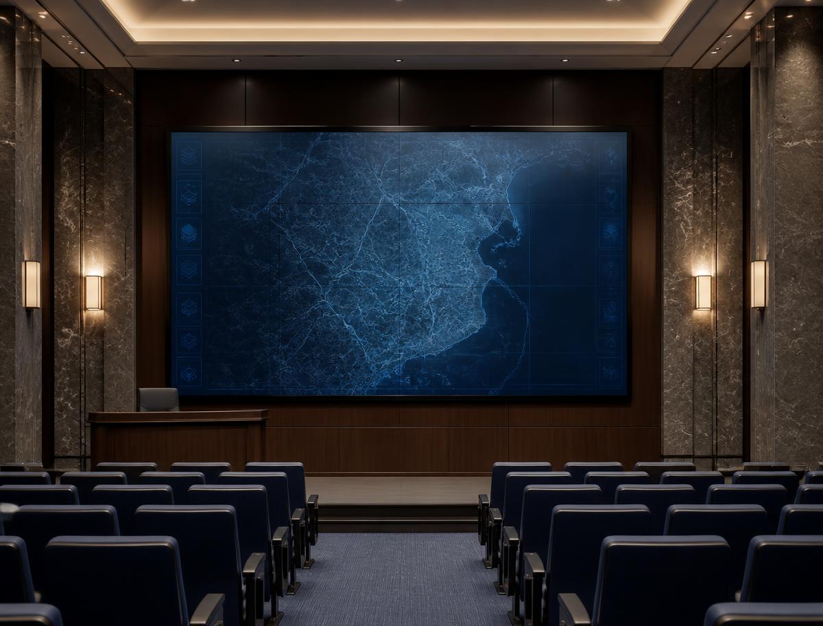 An institutional briefing room with a very large interactive display