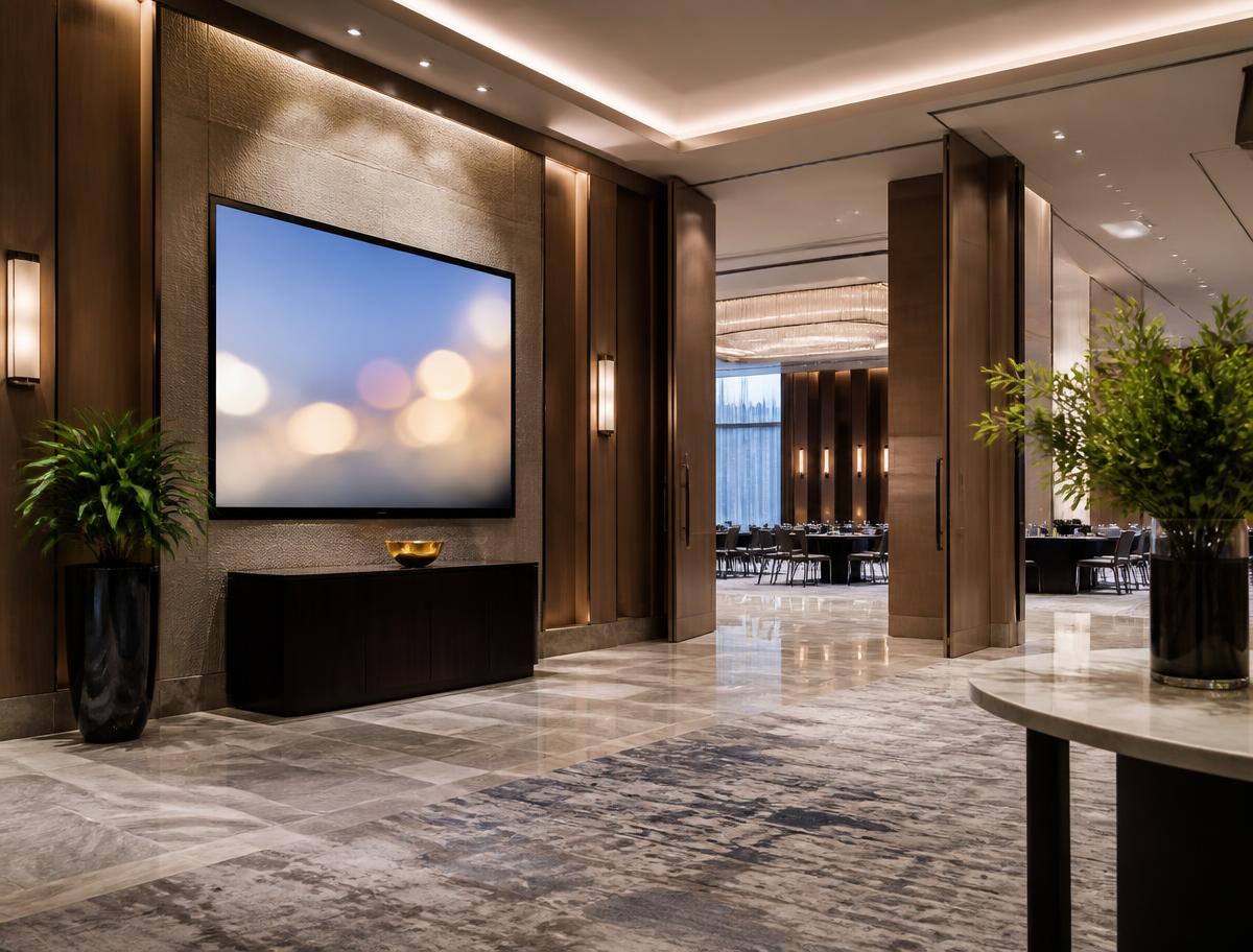 A hotel conference space with a large display near the ballroom entrance