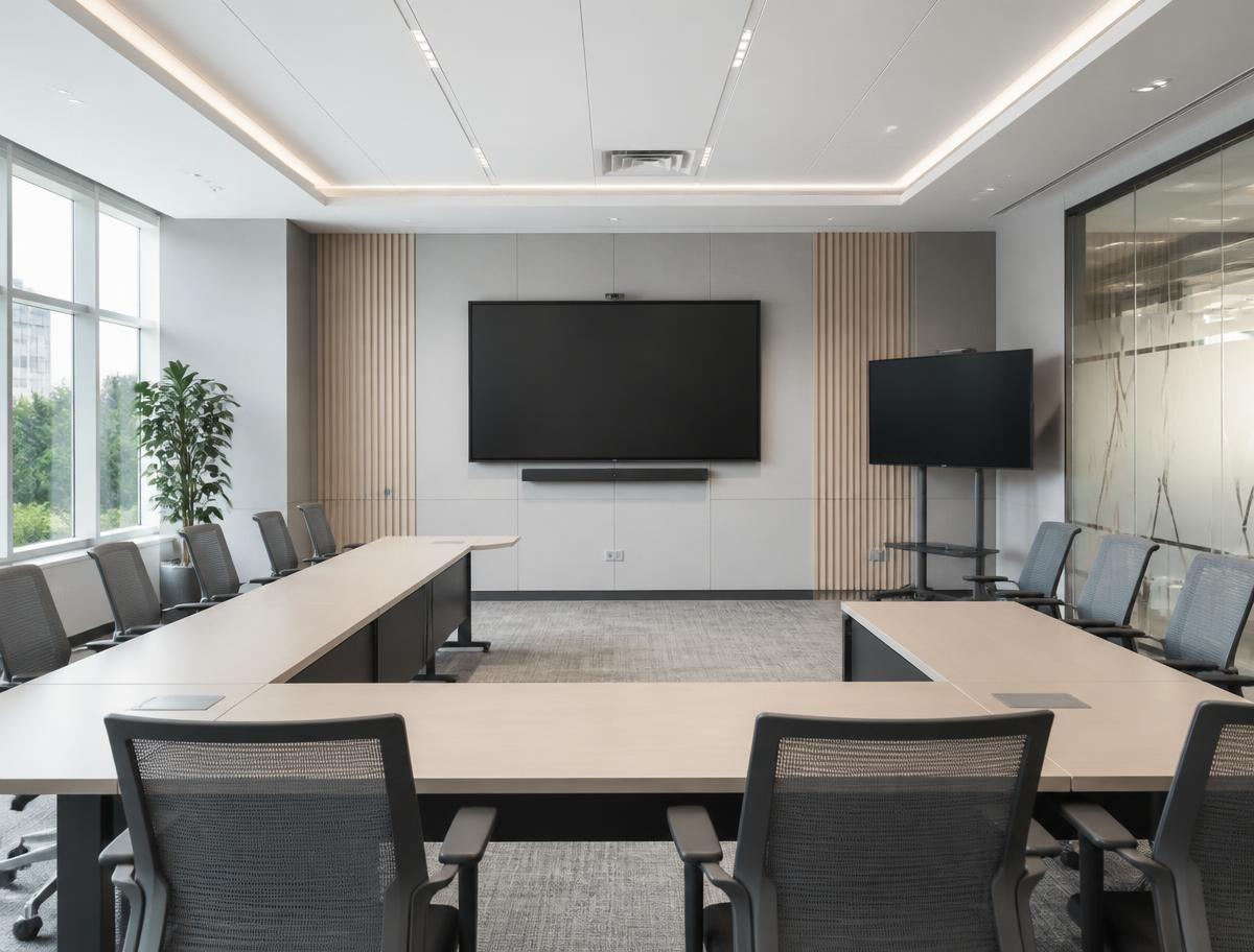 A corporate training room with a wall display and a mobile display stand