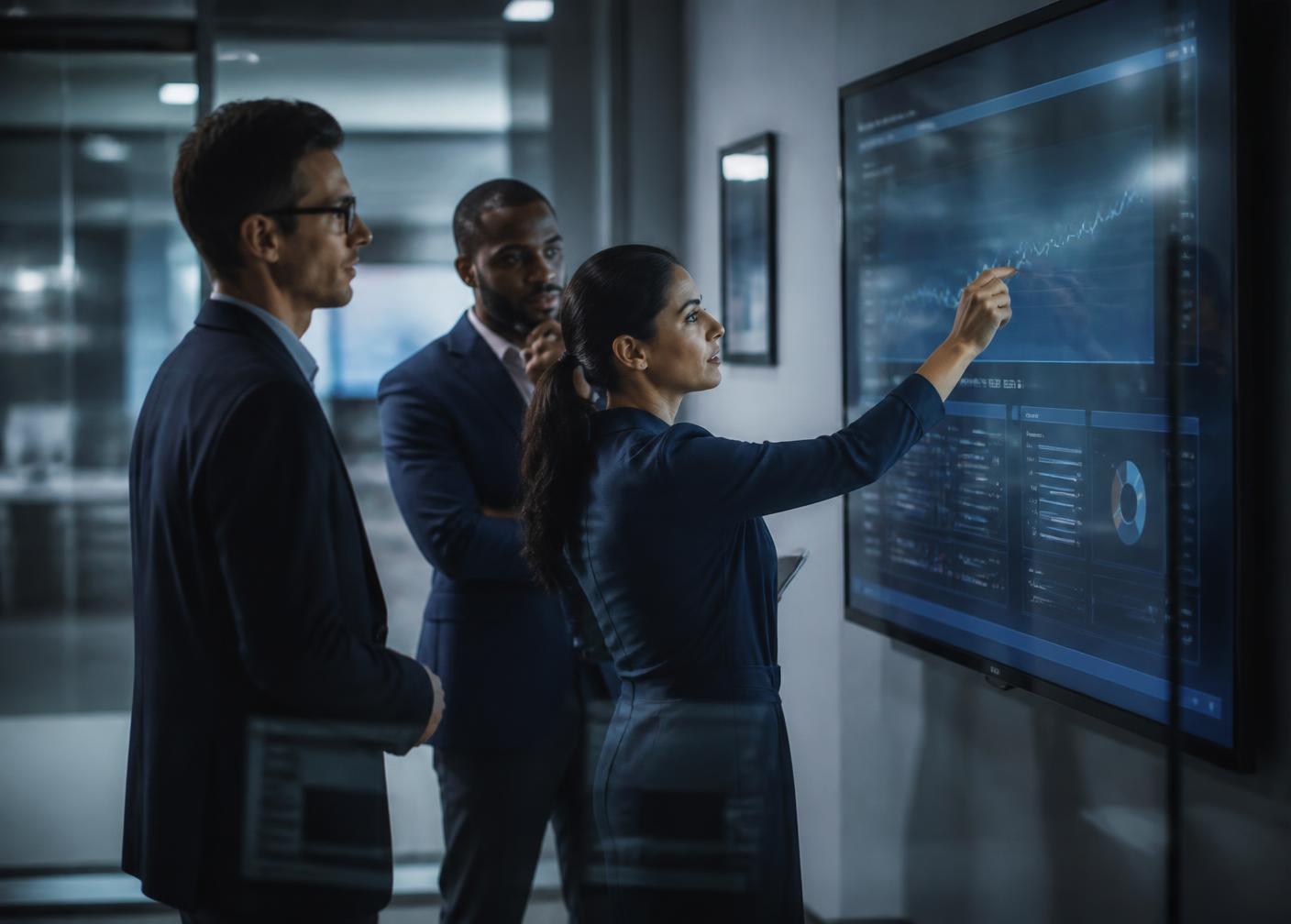 A team reviewing shared content on an interactive display
