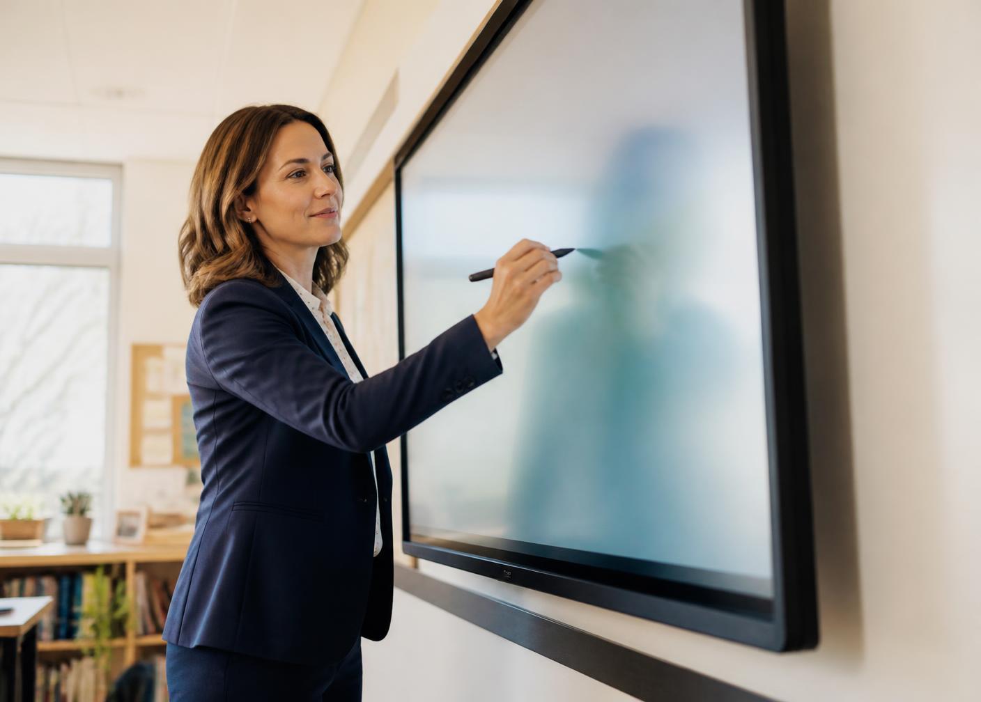 A presenter using the built-in platform on an interactive display