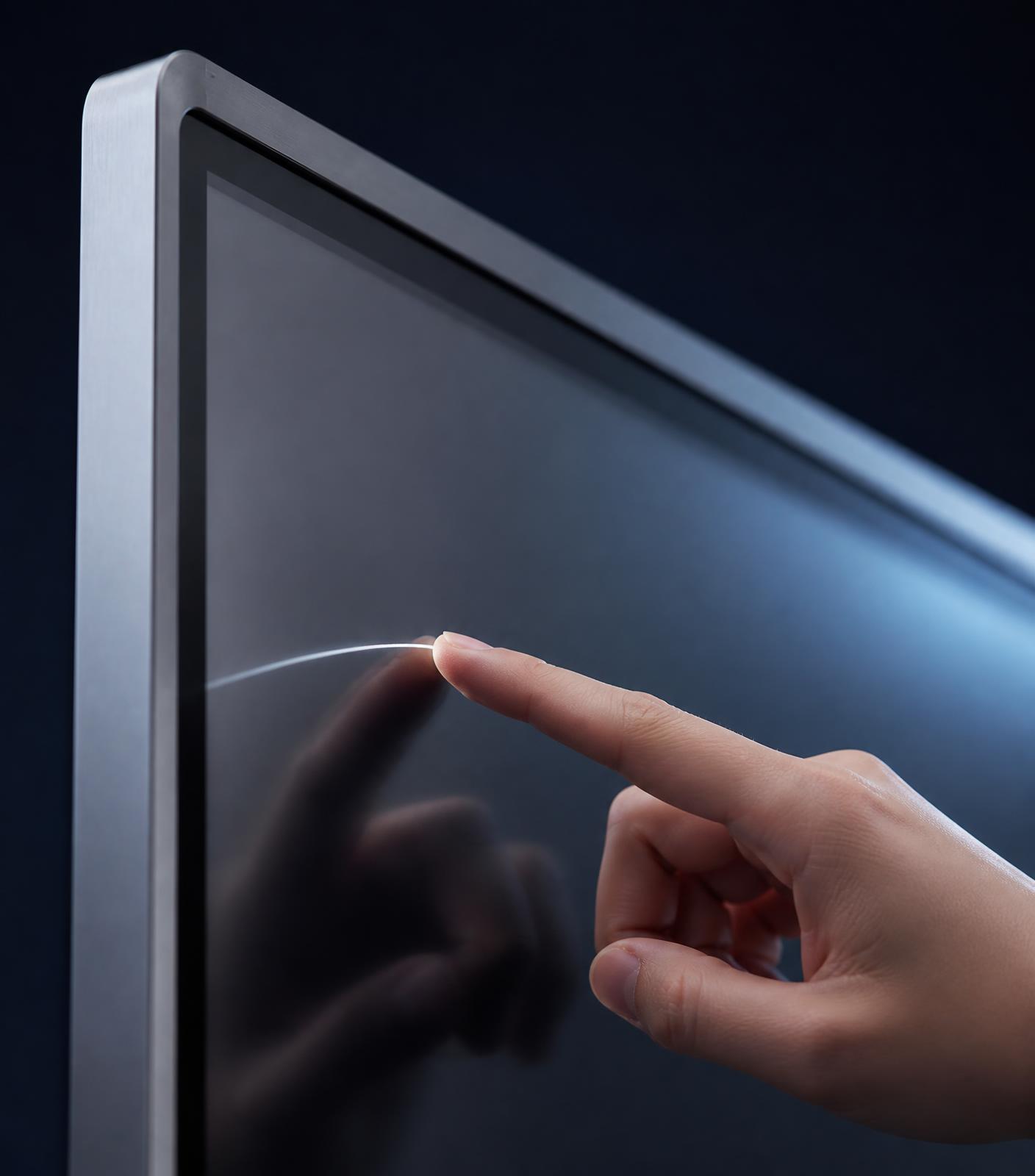 A fingertip drawing on the anti-glare glass surface of an interactive flat panel